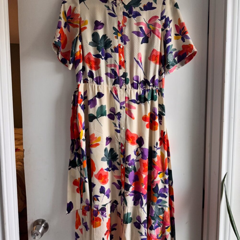 Sezane Floral Midi Dress in Cream with Orange & Purple Blossoms - Picture 3 of 10